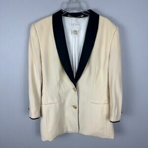 Escada Vintage 90s Cream Wool Black Lapel Structured Blazer L